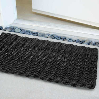 Lobster Rope Doormats, Outdoor Door Mats, Wicked Good Door Mats Made in Maine, Solid Black, Angled View in Front Door